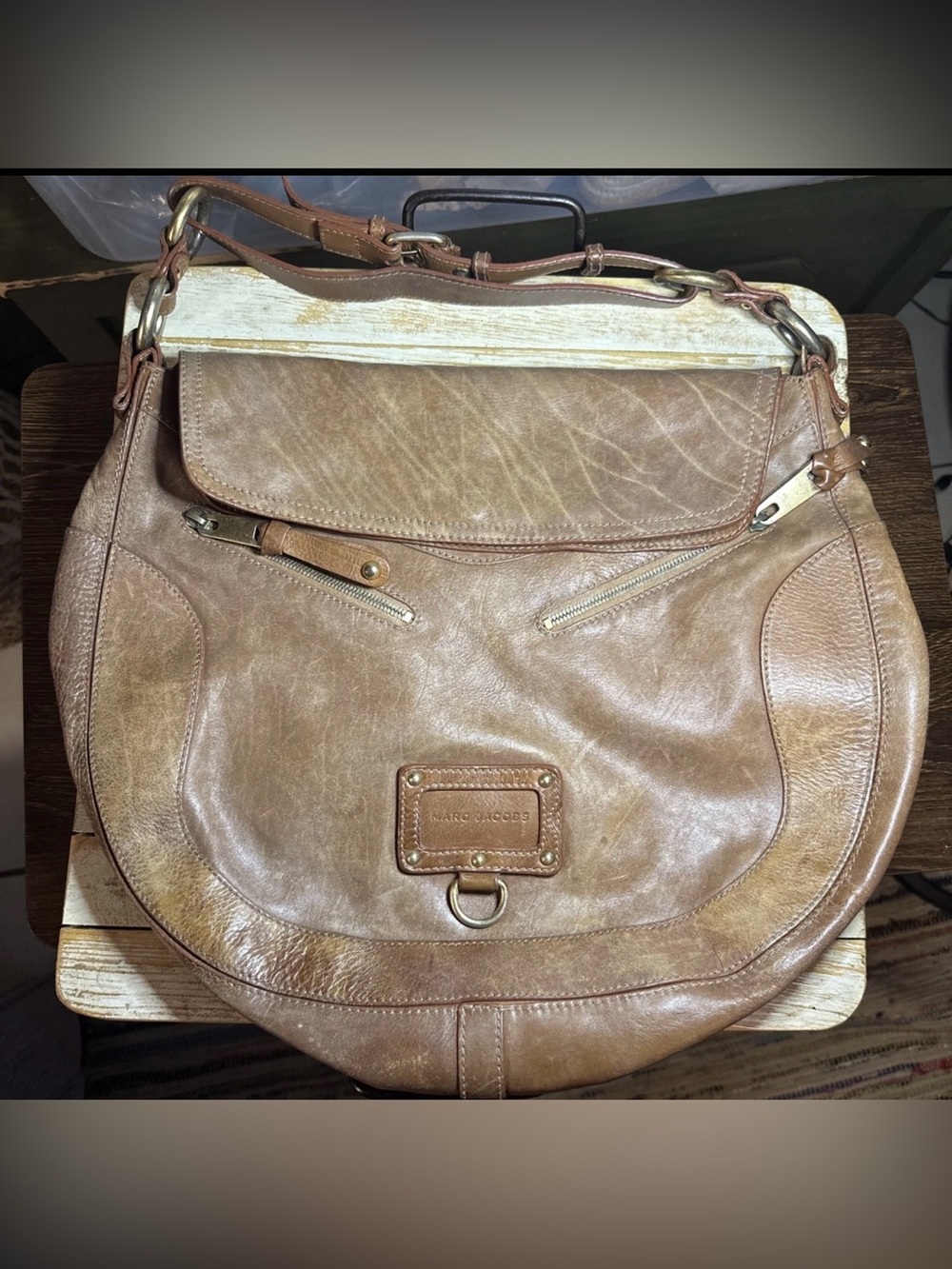 Marc Jacobs Genuine Leather MIA Polina Shoulder Fold over Flap Hobo Purse Brown